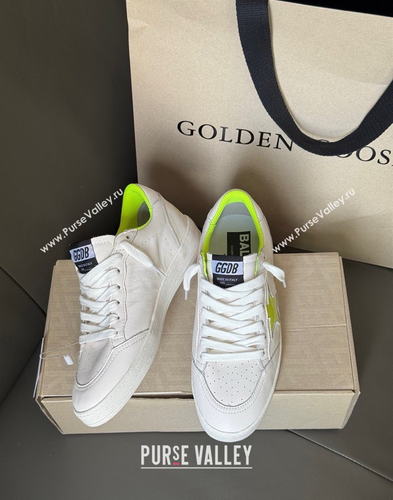 Golden Goose Ball Star Sneakers in white leather and neon green star 2025 0605 (13-250605009)
