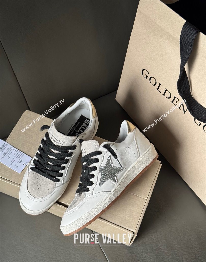 Golden Goose Ball Star Sneakers in white leather and grey suede with metallic leather star 2025 0605 (13-250605002)