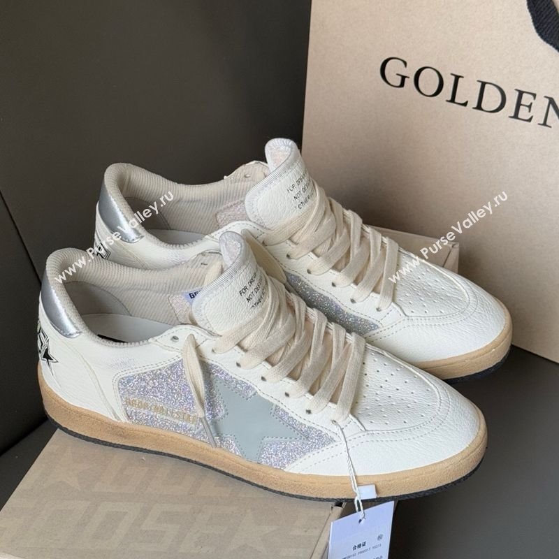 Golden Goose Ball Star Sneakers in White Leather and Silver Glitters 2025 0605 (13-250605006)