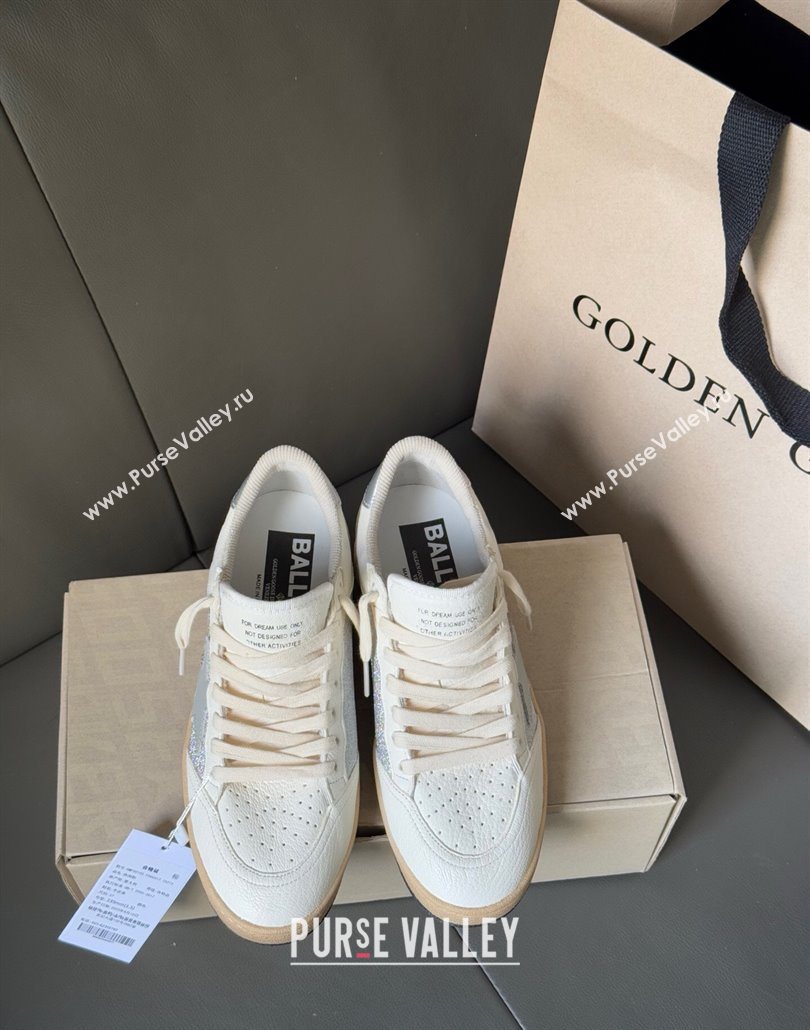 Golden Goose Ball Star Sneakers in White Leather and Silver Glitters 2025 0605 (13-250605006)