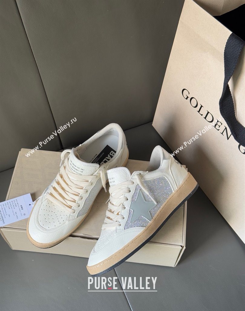 Golden Goose Ball Star Sneakers in White Leather and Silver Glitters 2025 0605 (13-250605006)