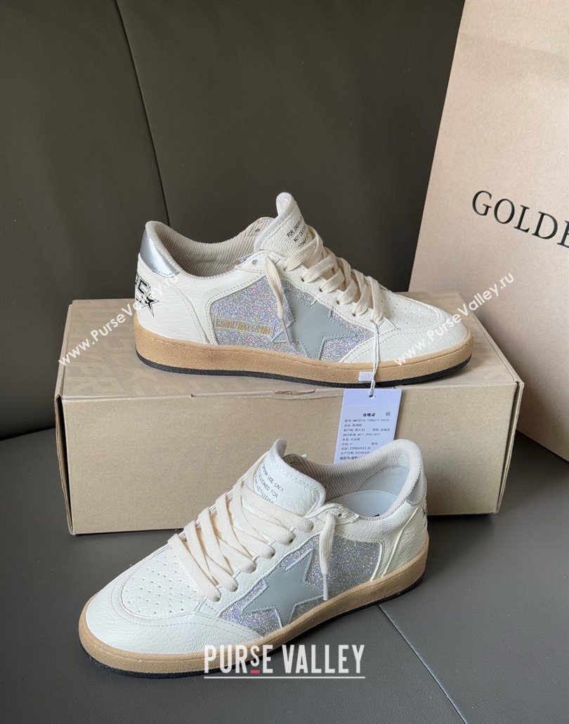 Golden Goose Ball Star Sneakers in White Leather and Silver Glitters 2025 0605 (13-250605006)