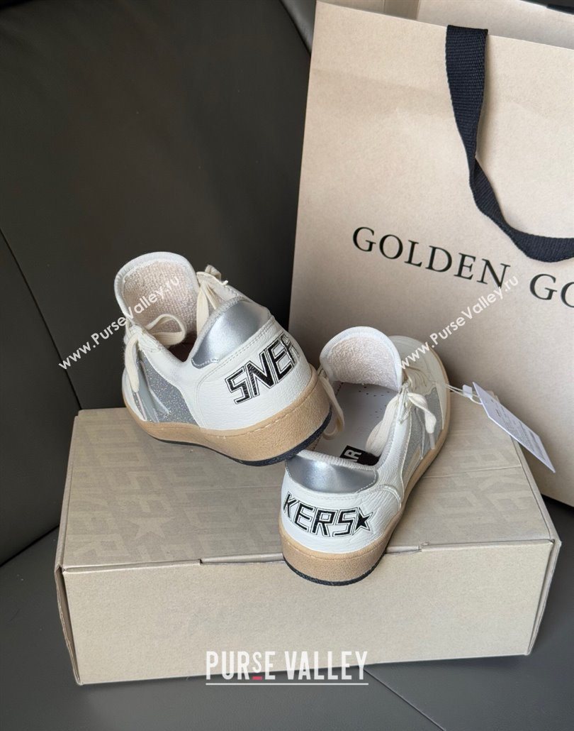 Golden Goose Ball Star Sneakers in White Leather and Silver Glitters 2025 0605 (13-250605006)
