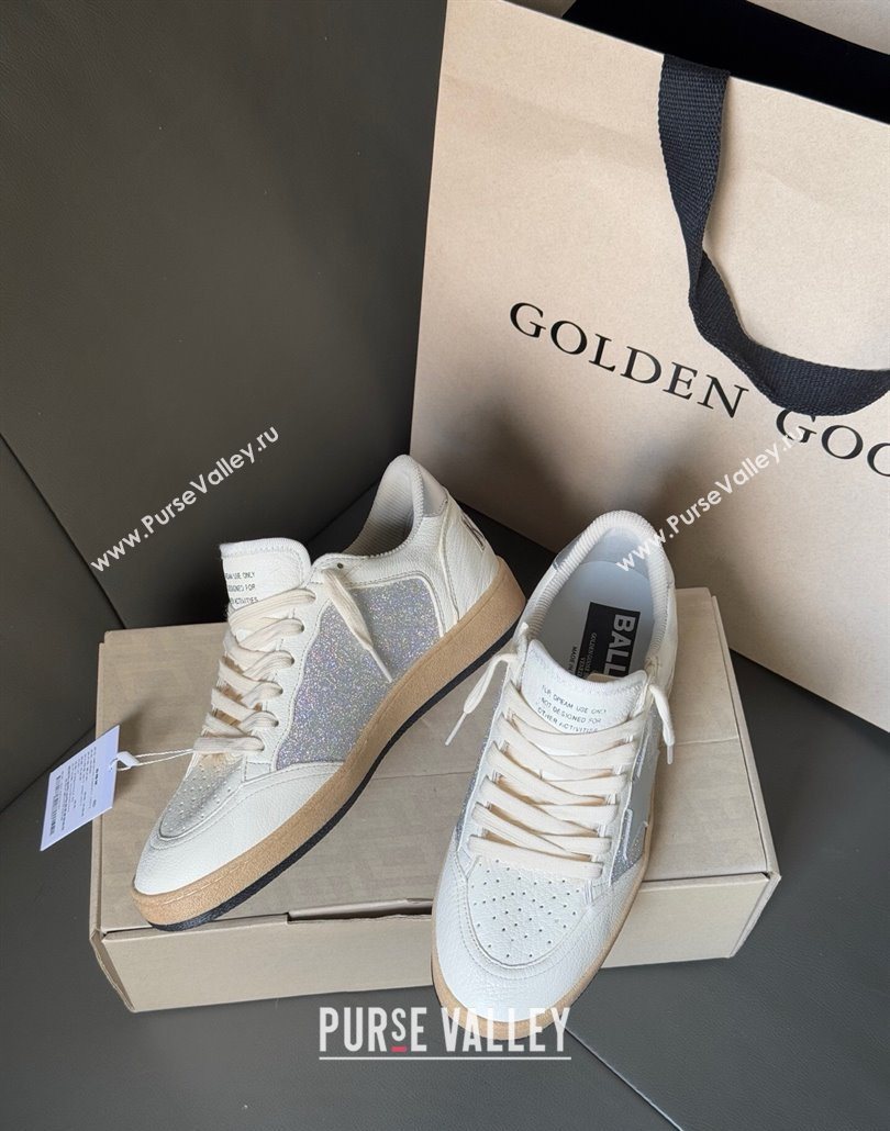Golden Goose Ball Star Sneakers in White Leather and Silver Glitters 2025 0605 (13-250605006)