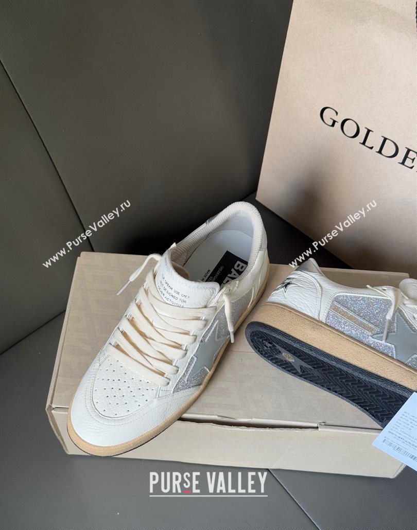 Golden Goose Ball Star Sneakers in White Leather and Silver Glitters 2025 0605 (13-250605006)
