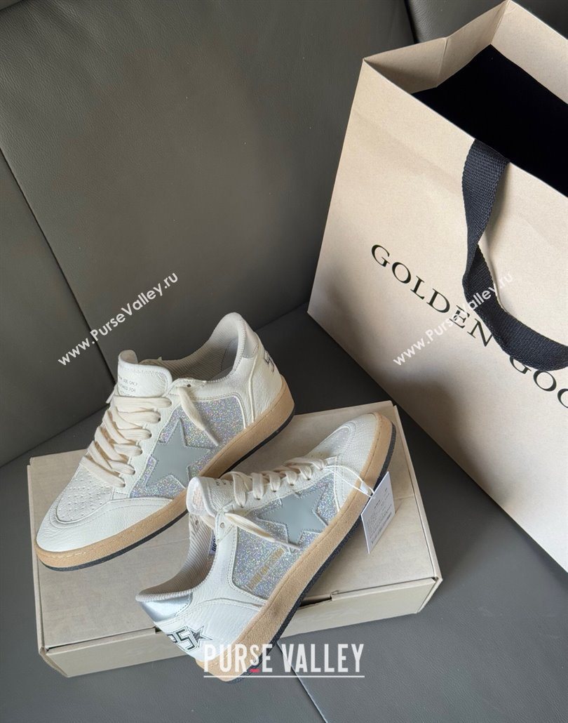 Golden Goose Ball Star Sneakers in White Leather and Silver Glitters 2025 0605 (13-250605006)