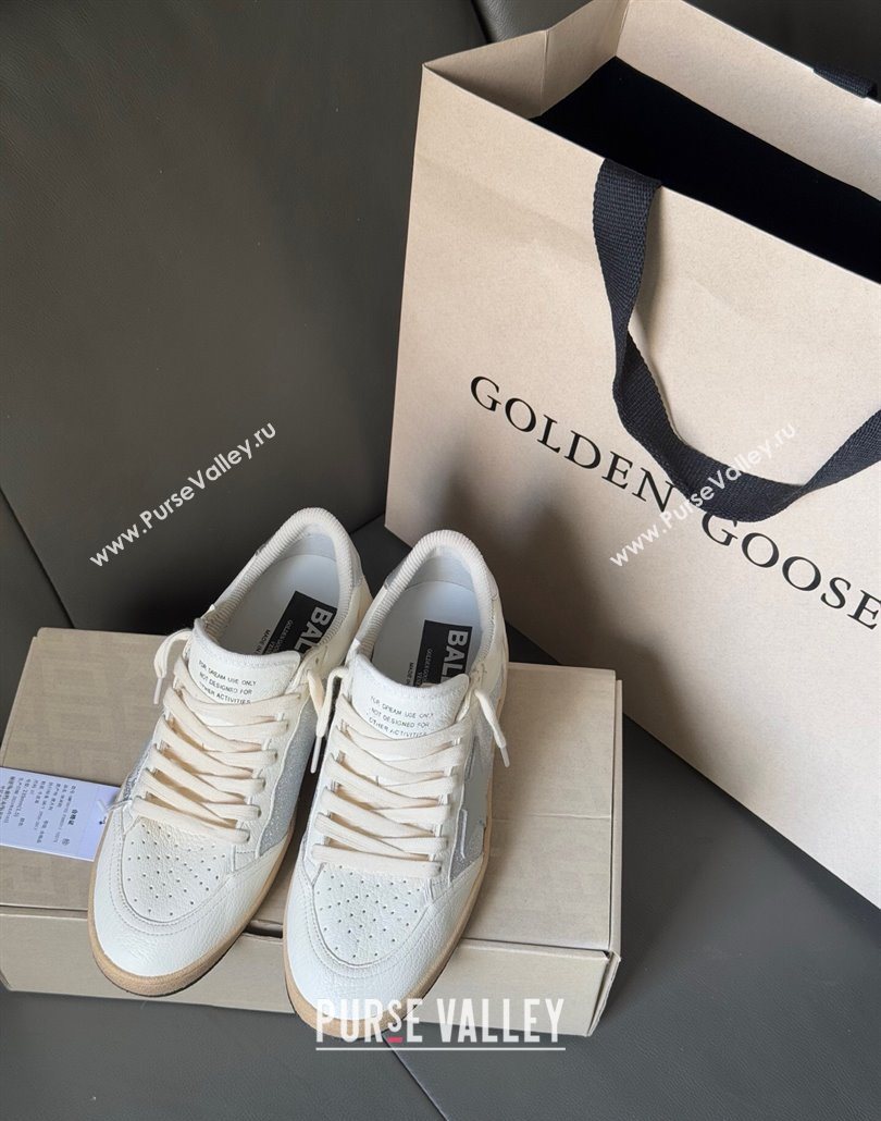 Golden Goose Ball Star Sneakers in White Leather and Silver Glitters 2025 0605 (13-250605006)
