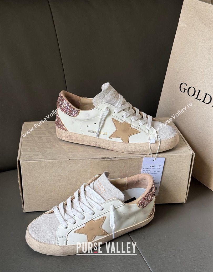 Golden Goose Women’s Super-Star Sneakers in white leather with gold glitter heel 2025 0605 (13-250605015)
