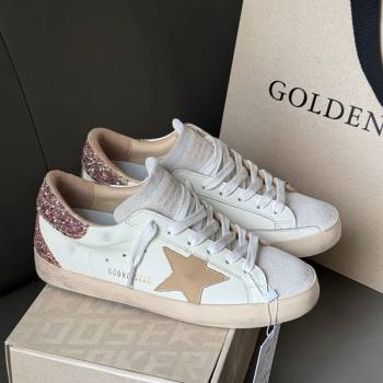 Golden Goose Women’s Super-Star Sneakers in white leather with gold glitter heel 2025 0605 (13-250605015)