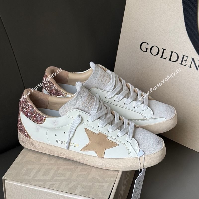 Golden Goose Women’s Super-Star Sneakers in white leather with gold glitter heel 2025 0605 (13-250605015)