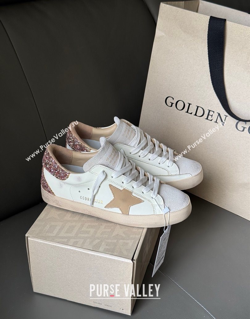 Golden Goose Women’s Super-Star Sneakers in white leather with gold glitter heel 2025 0605 (13-250605015)