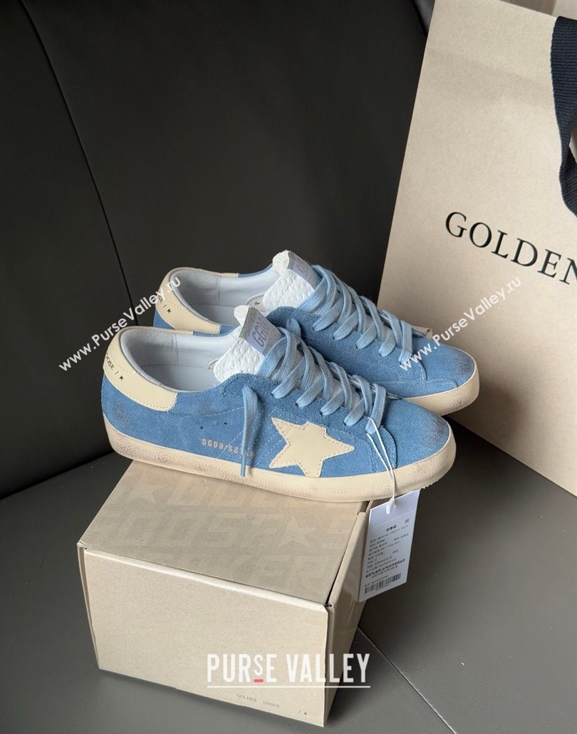 Golden Goose Super-Star Sneakers in light blue suede with beige leather star and heel tab 2025 0605 (13-250605011)