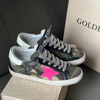 Golden Goose Women’s Super-Star Sneakers in green camouflage fabric and pink star 2025 0605 (13-250605010)
