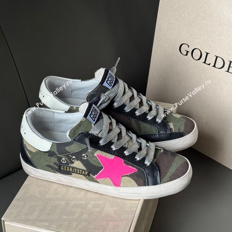 Golden Goose Women’s Super-Star Sneakers in green camouflage fabric and pink star 2025 0605 (13-250605010)