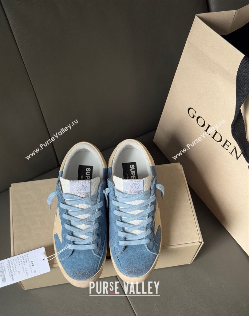 Golden Goose Super-Star Sneakers in light blue suede with beige leather star and heel tab 2025 0605 (13-250605011)