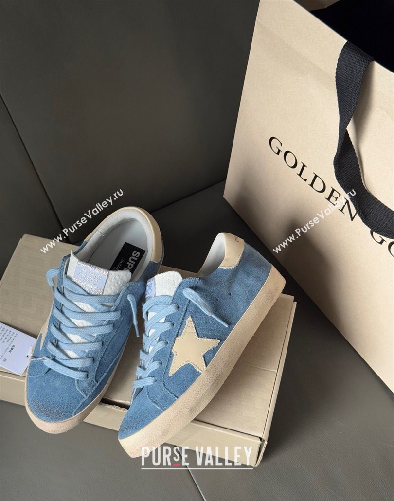 Golden Goose Super-Star Sneakers in light blue suede with beige leather star and heel tab 2025 0605 (13-250605011)