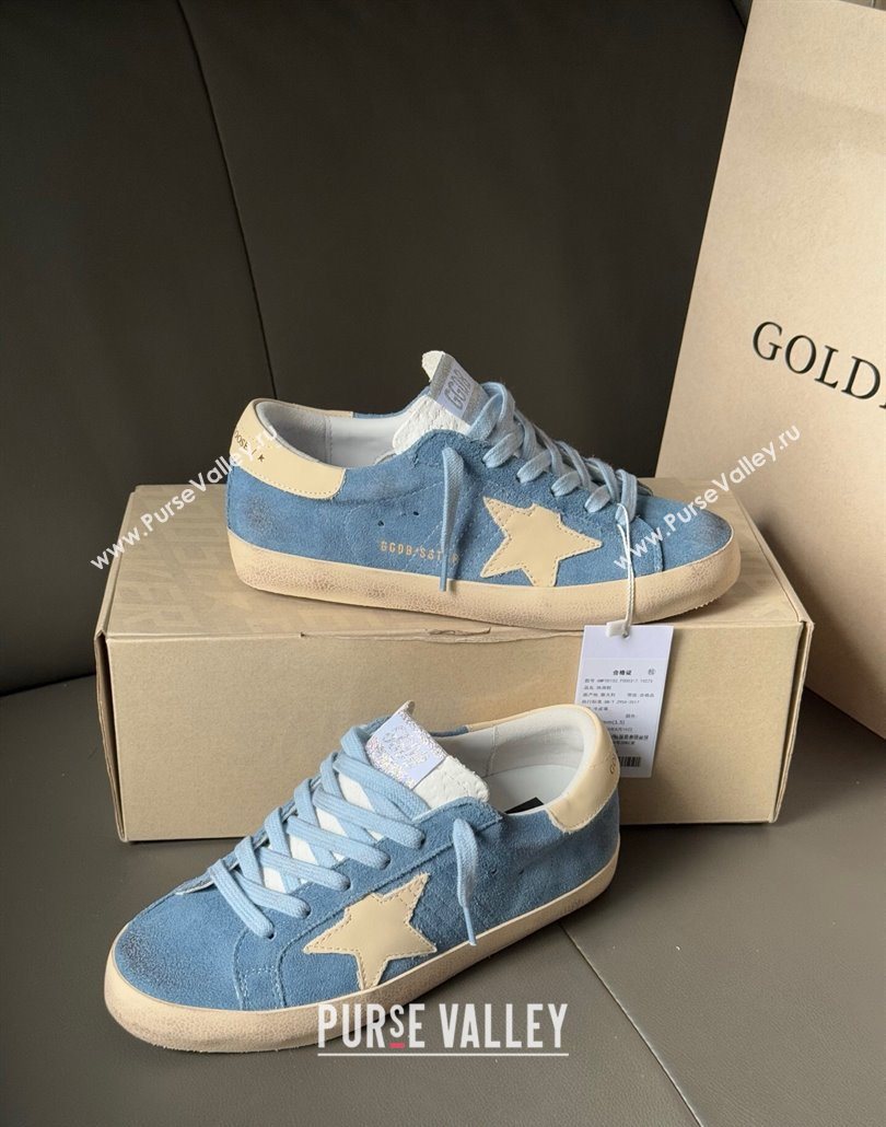 Golden Goose Super-Star Sneakers in light blue suede with beige leather star and heel tab 2025 0605 (13-250605011)