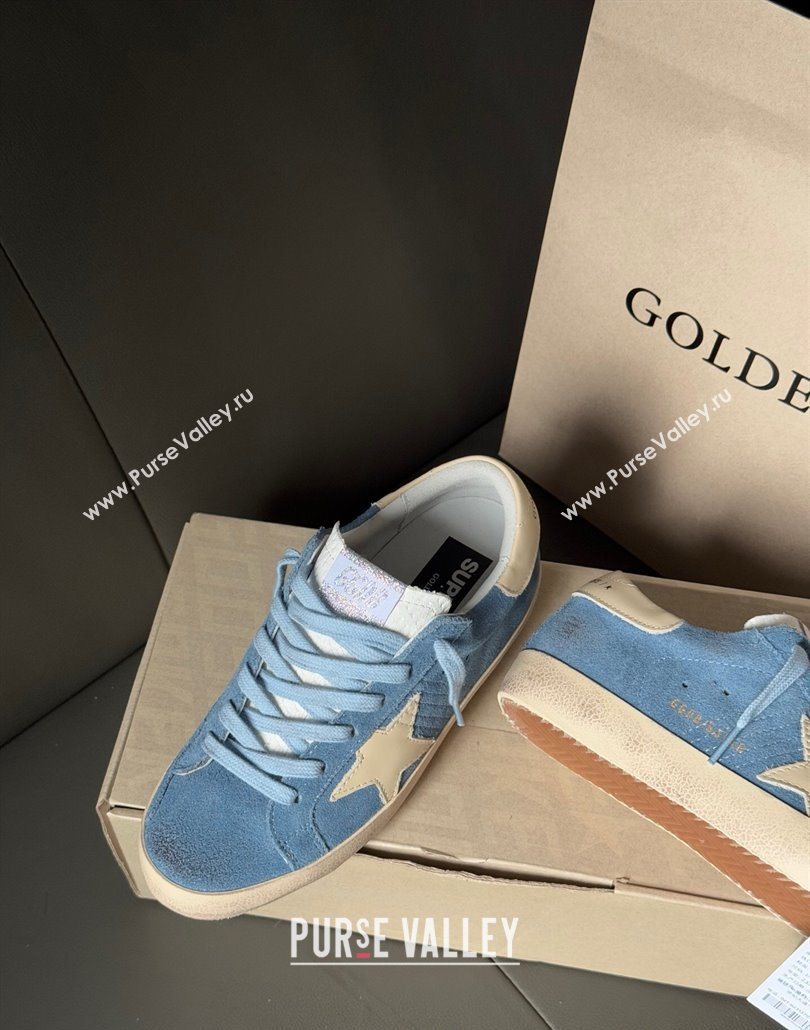 Golden Goose Super-Star Sneakers in light blue suede with beige leather star and heel tab 2025 0605 (13-250605011)