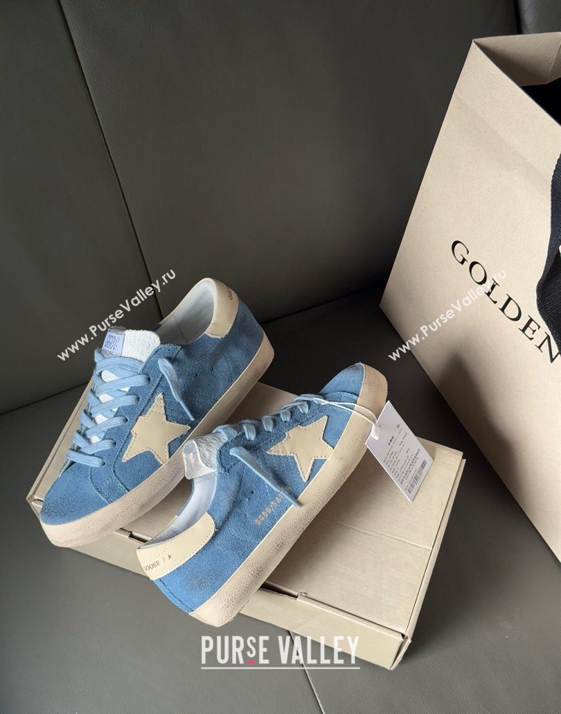 Golden Goose Super-Star Sneakers in light blue suede with beige leather star and heel tab 2025 0605 (13-250605011)
