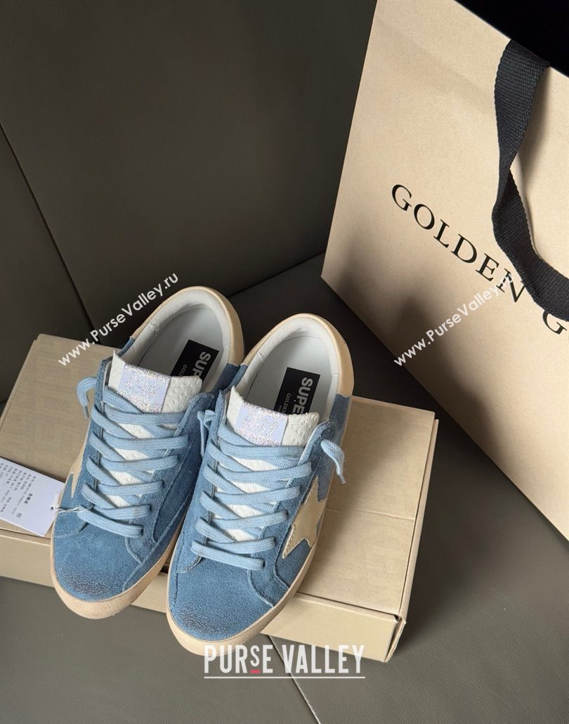 Golden Goose Super-Star Sneakers in light blue suede with beige leather star and heel tab 2025 0605 (13-250605011)