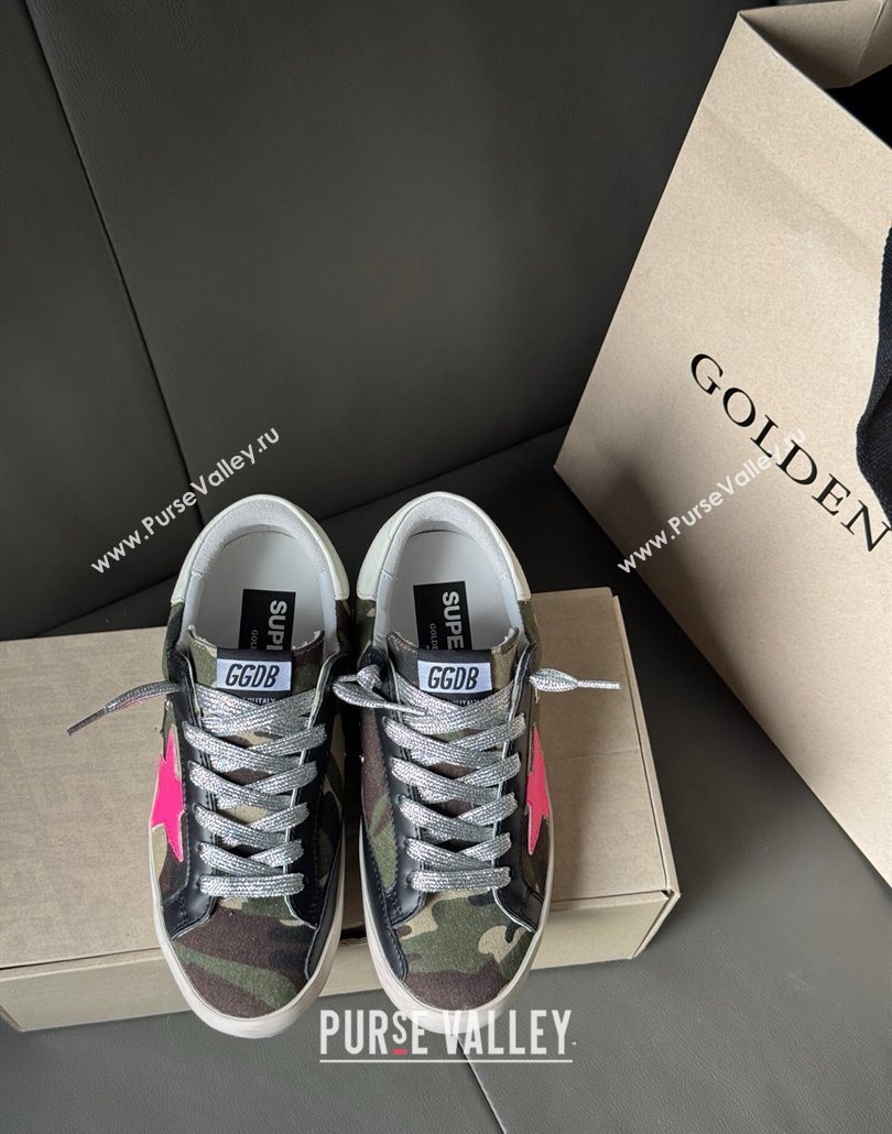 Golden Goose Women’s Super-Star Sneakers in green camouflage fabric and pink star 2025 0605 (13-250605010)