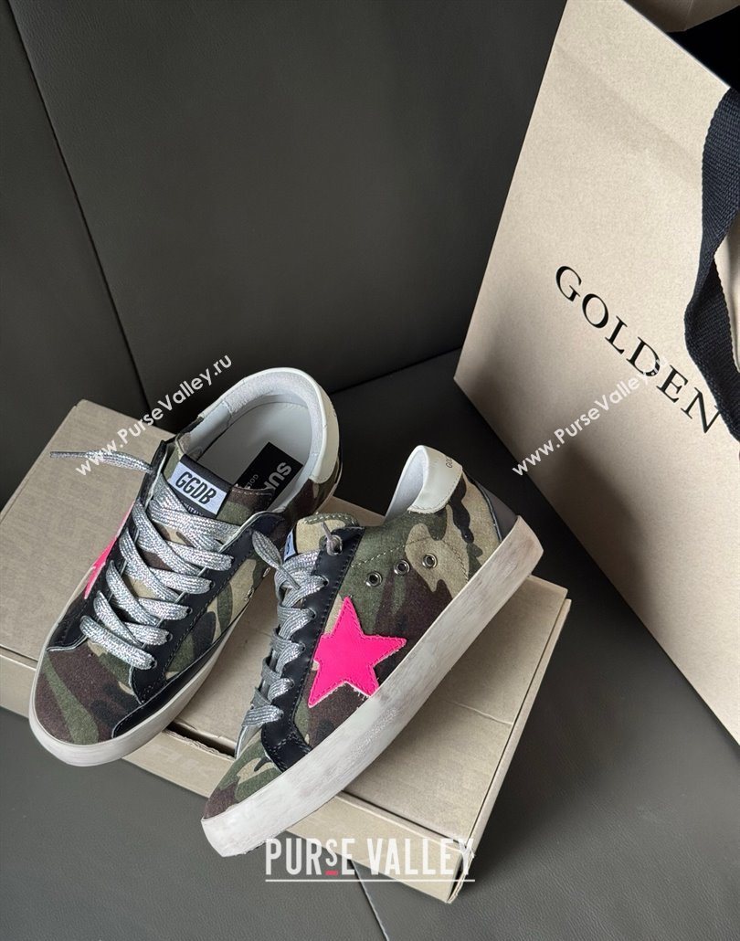 Golden Goose Women’s Super-Star Sneakers in green camouflage fabric and pink star 2025 0605 (13-250605010)