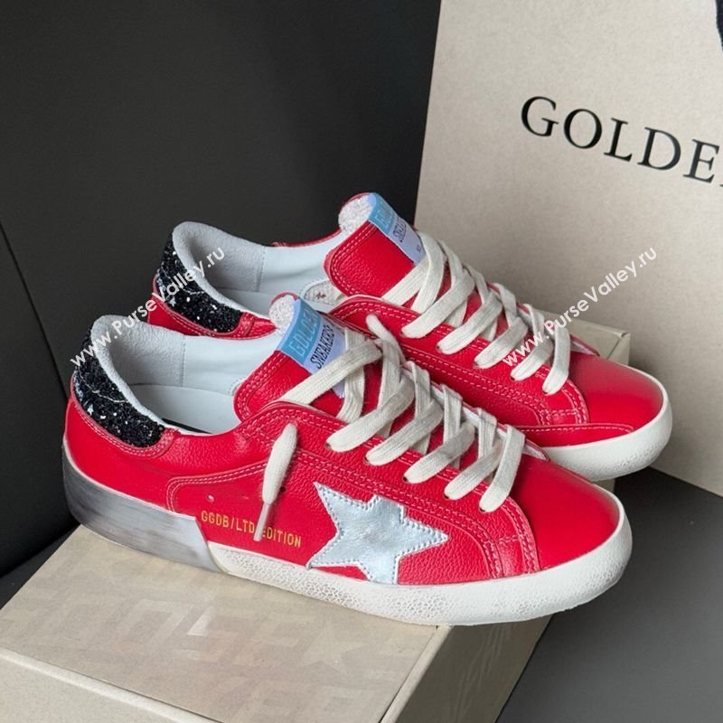 Golden Goose Women’s Super-Star Sneakers LTD in red nubuck with leather star and glitter heel tab 2025 0605 (13-250605012)