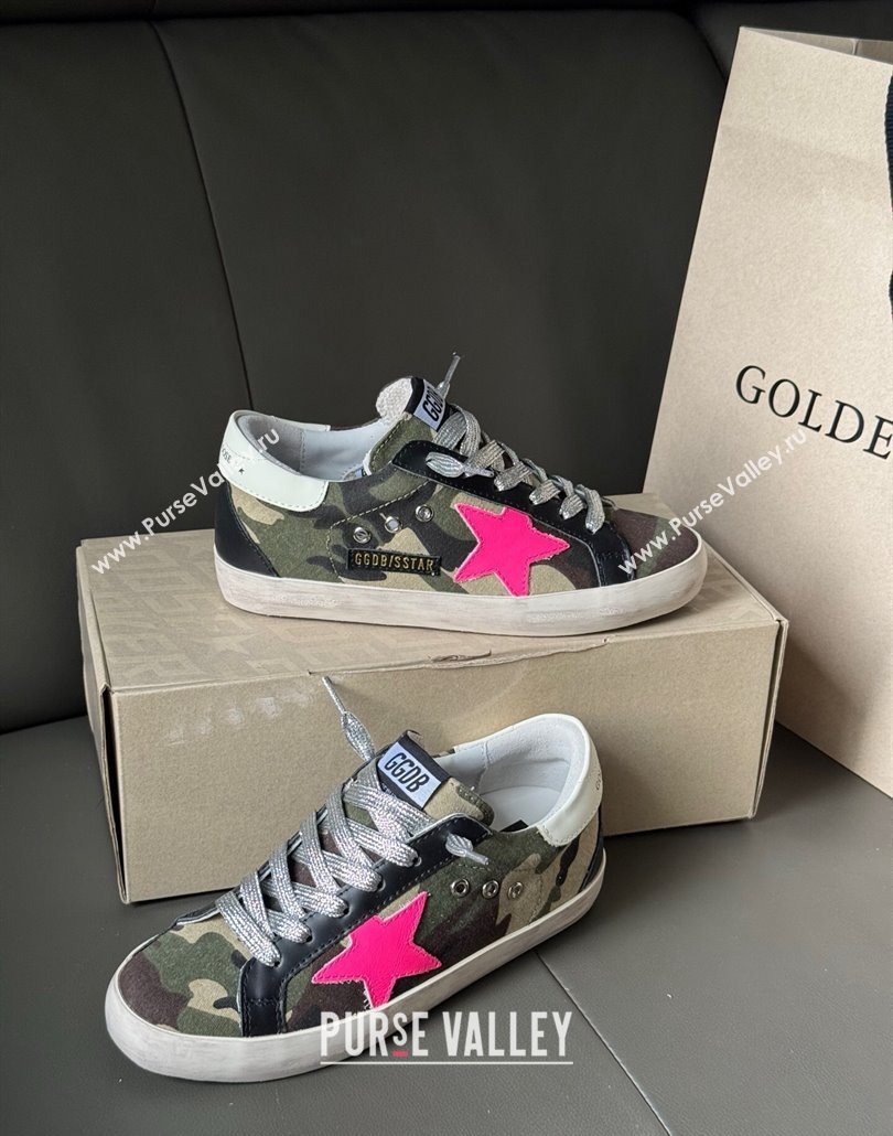 Golden Goose Women’s Super-Star Sneakers in green camouflage fabric and pink star 2025 0605 (13-250605010)