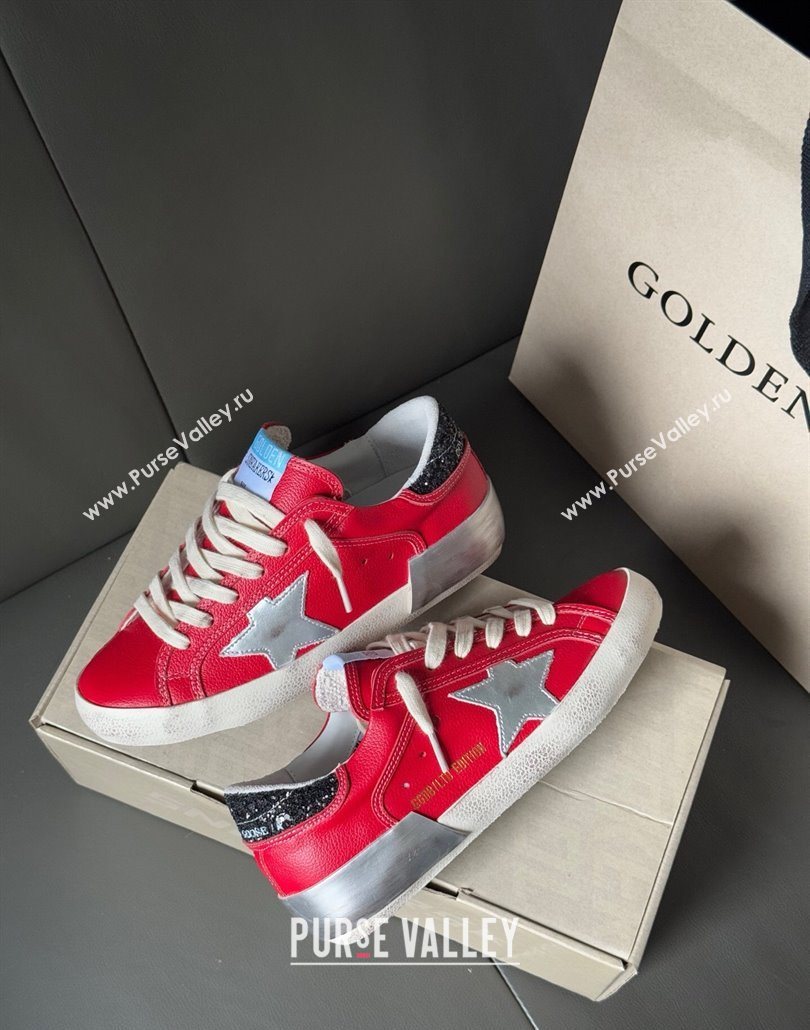Golden Goose Women’s Super-Star Sneakers LTD in red nubuck with leather star and glitter heel tab 2025 0605 (13-250605012)