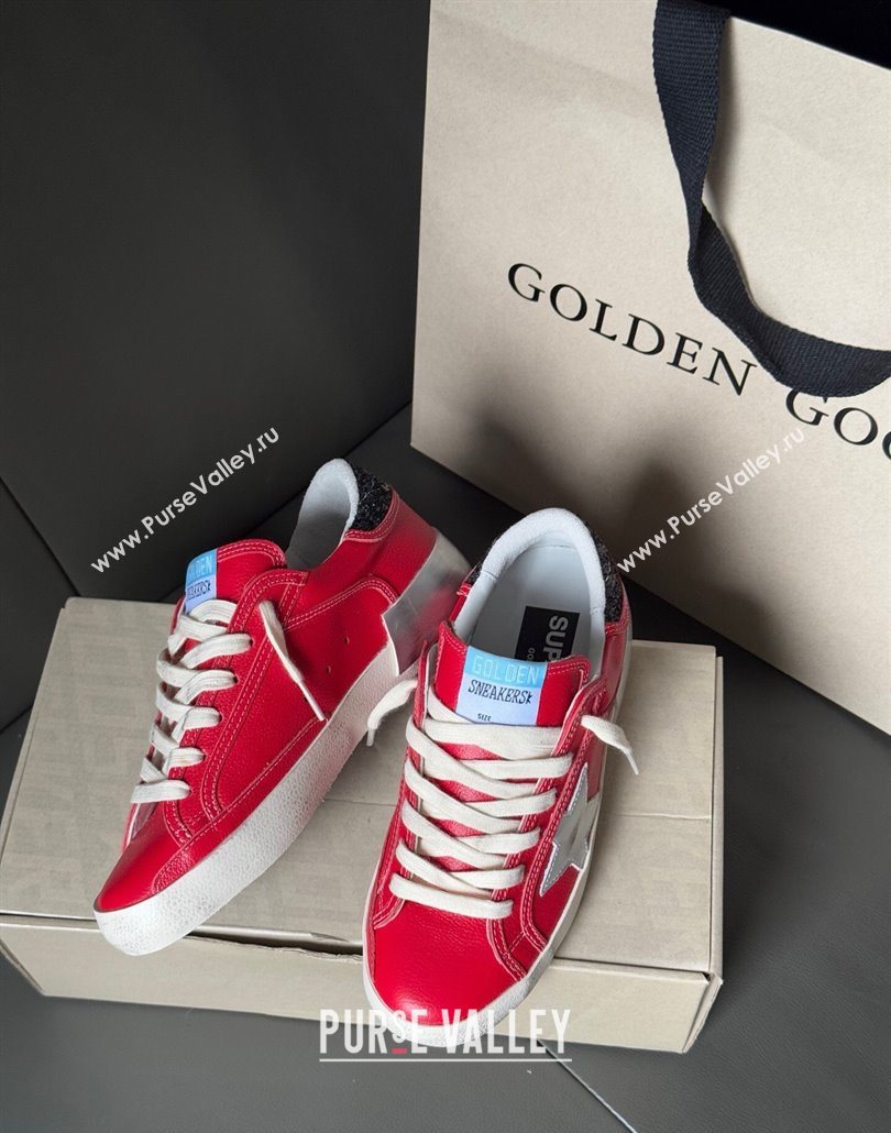 Golden Goose Women’s Super-Star Sneakers LTD in red nubuck with leather star and glitter heel tab 2025 0605 (13-250605012)