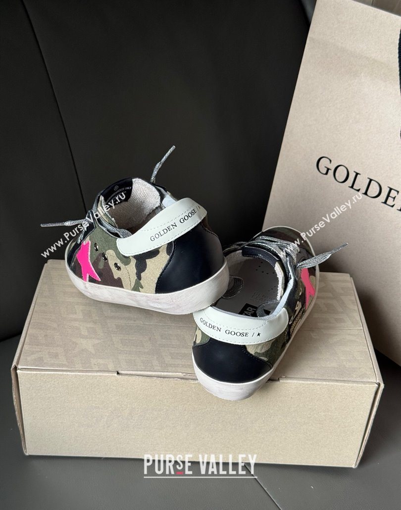 Golden Goose Women’s Super-Star Sneakers in green camouflage fabric and pink star 2025 0605 (13-250605010)