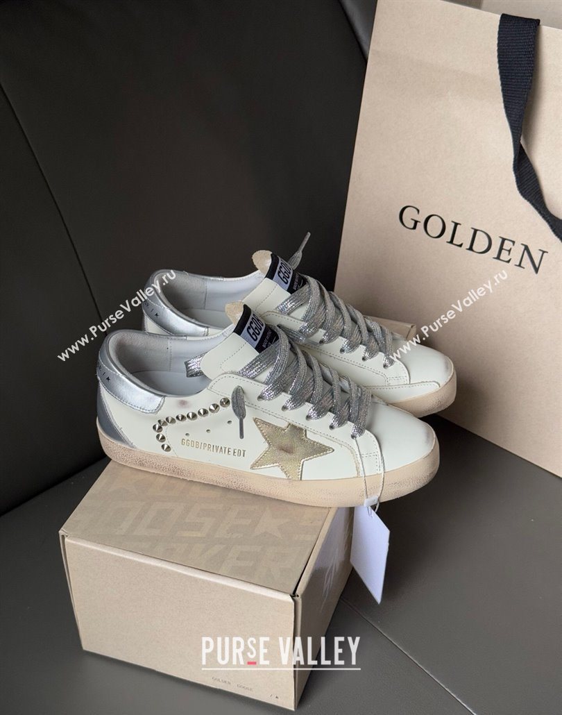 Golden Goose Women’s Super-Star Sneakers in white leather and suede with silver studs 2025 0605 (13-250605014)