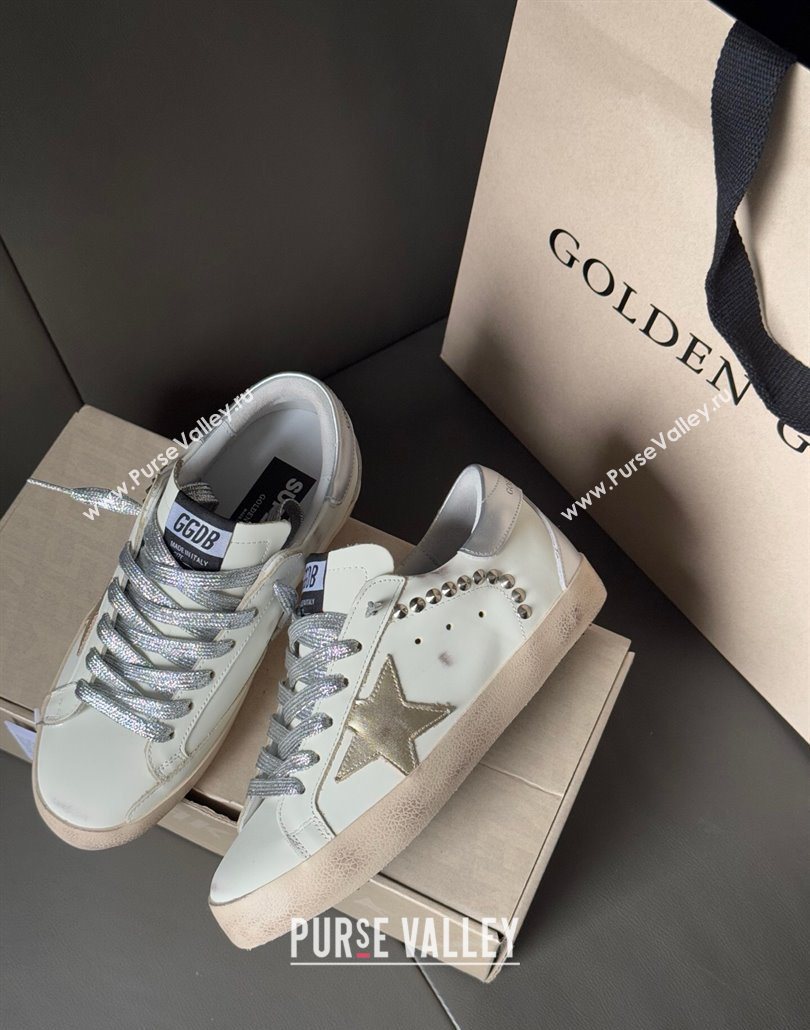 Golden Goose Women’s Super-Star Sneakers in white leather and suede with silver studs 2025 0605 (13-250605014)