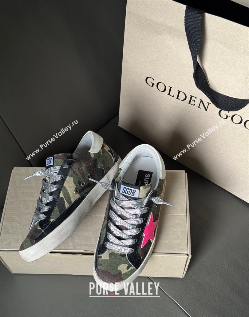 Golden Goose Women’s Super-Star Sneakers in green camouflage fabric and pink star 2025 0605 (13-250605010)