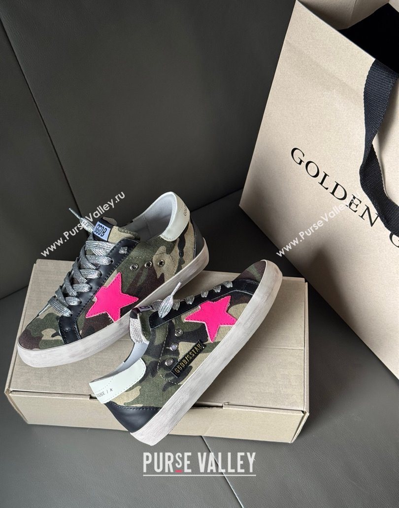 Golden Goose Women’s Super-Star Sneakers in green camouflage fabric and pink star 2025 0605 (13-250605010)