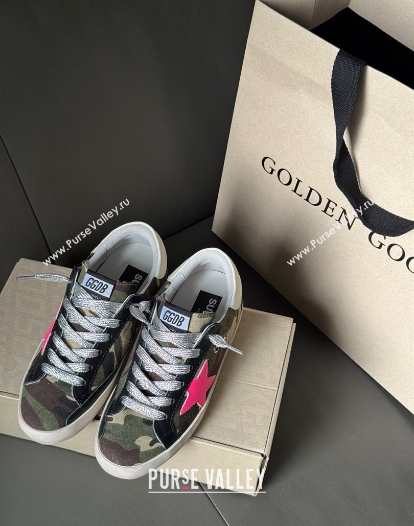 Golden Goose Women’s Super-Star Sneakers in green camouflage fabric and pink star 2025 0605 (13-250605010)