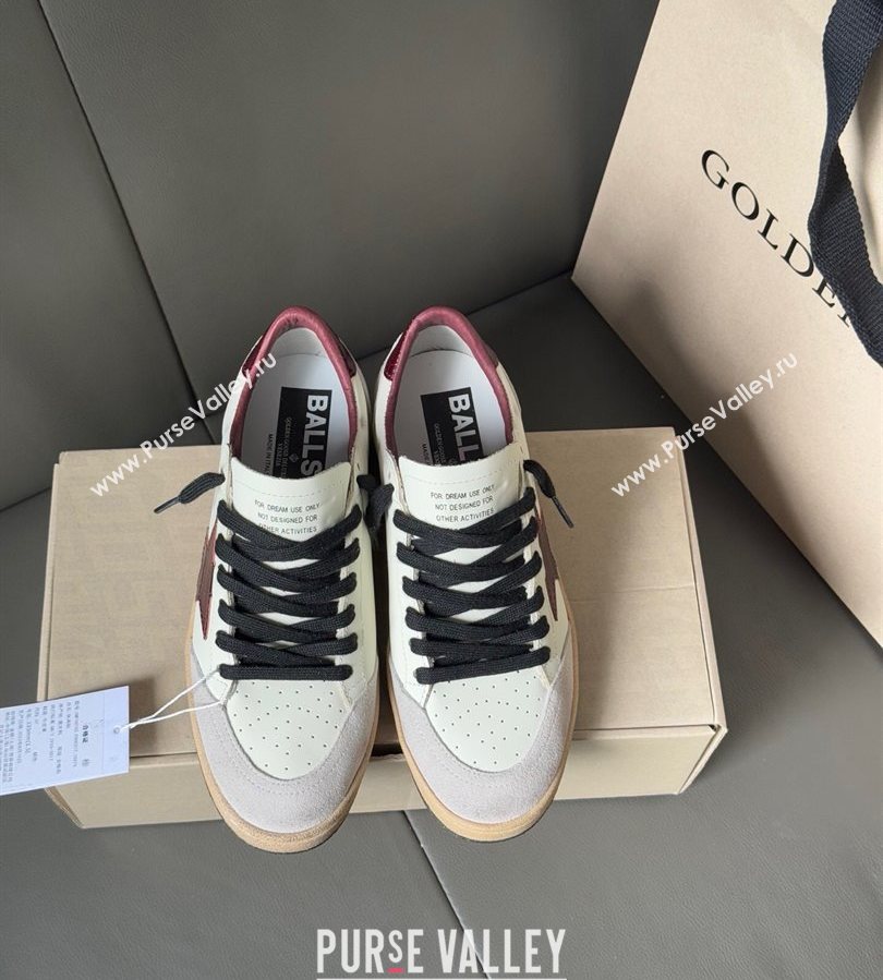 Golden Goose Ball Star in white leather with burgundy star and heel tab 2025 0711 (13-250711004)