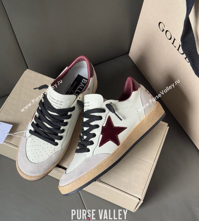 Golden Goose Ball Star in white leather with burgundy star and heel tab 2025 0711 (13-250711004)