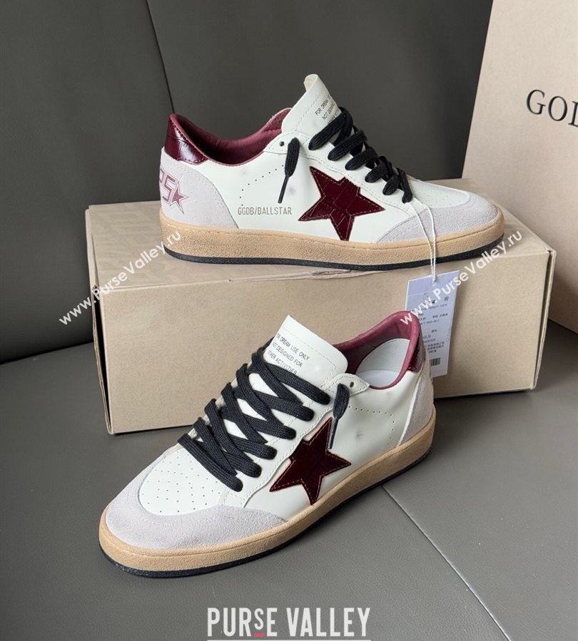 Golden Goose Ball Star in white leather with burgundy star and heel tab 2025 0711 (13-250711004)