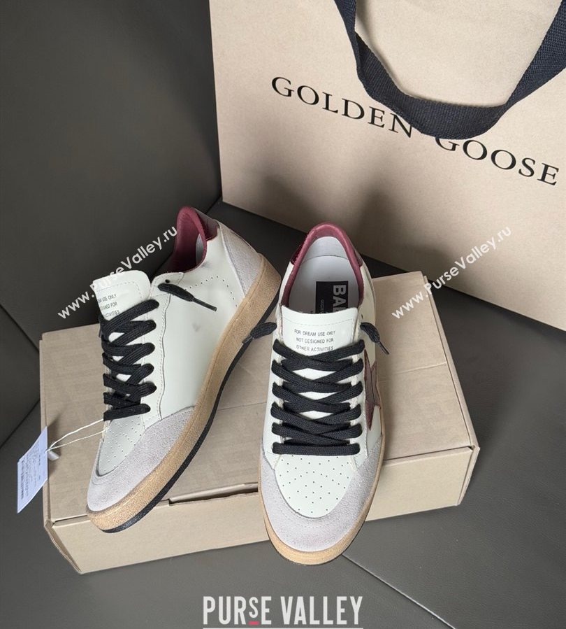 Golden Goose Ball Star in white leather with burgundy star and heel tab 2025 0711 (13-250711004)