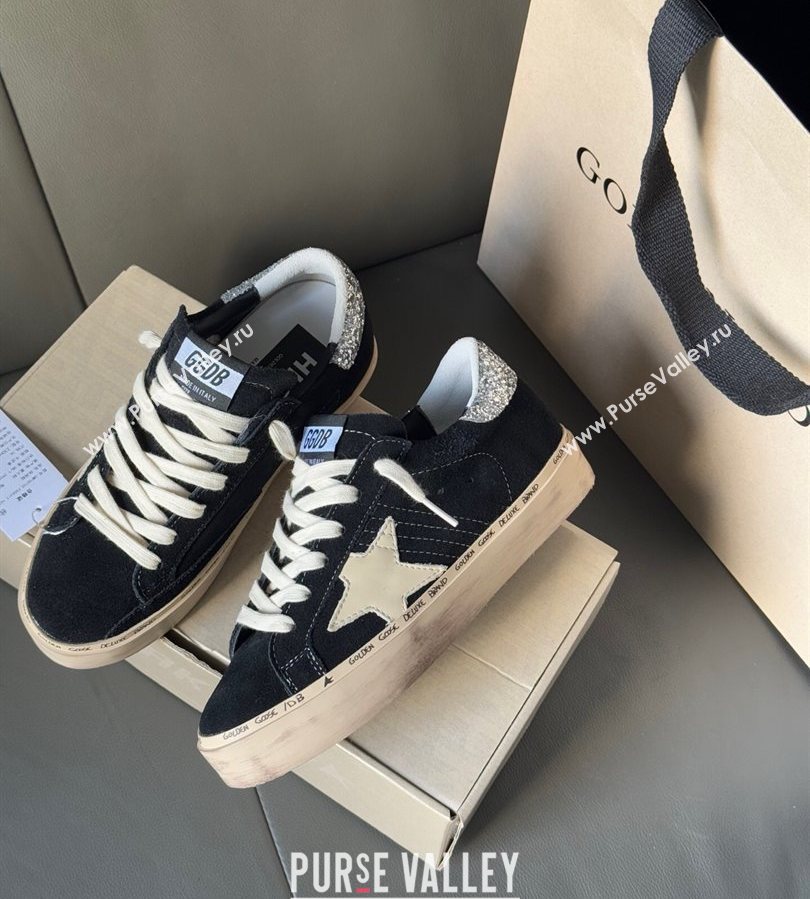 Golden Goose Women’s Hi Star in black leather with silver glitter heel tab 2025 0711 (13-250711011)