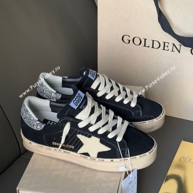 Golden Goose Women’s Hi Star in black leather with silver glitter heel tab 2025 0711 (13-250711011)
