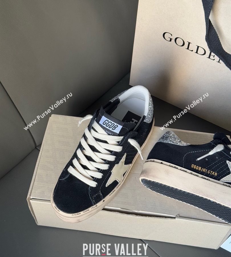 Golden Goose Women’s Hi Star in black leather with silver glitter heel tab 2025 0711 (13-250711011)