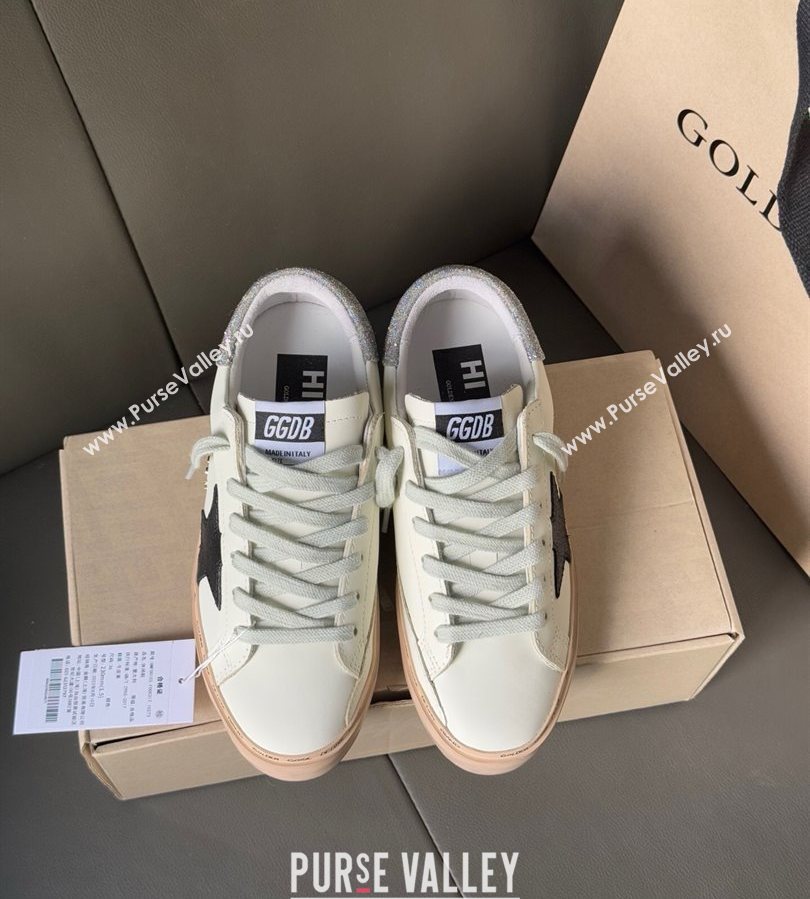Golden Goose Women’s Hi Star in white leather with suede star and silver glitter heel tab 2025 0711 (13-250711012)