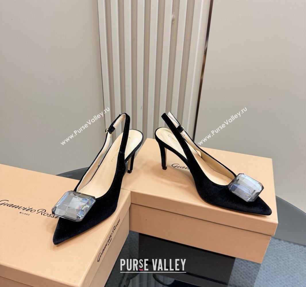 Gianvito Rossi Jaipur Pumps 8.5cm in Velvet with Maxi Stone Black 2025 (MD-250428150)