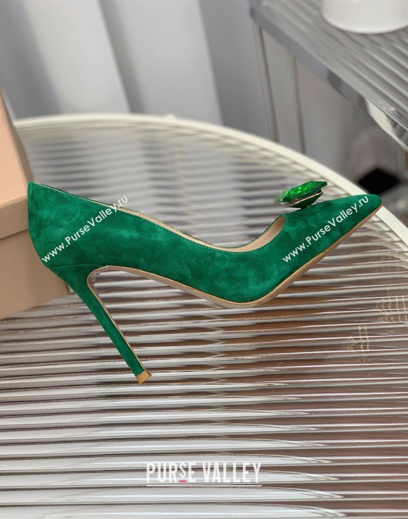 Gianvito Rossi Jaipur Pumps 10.5cm in Suede with Maxi Stone Glazed Green 2025 (MD-250428141)