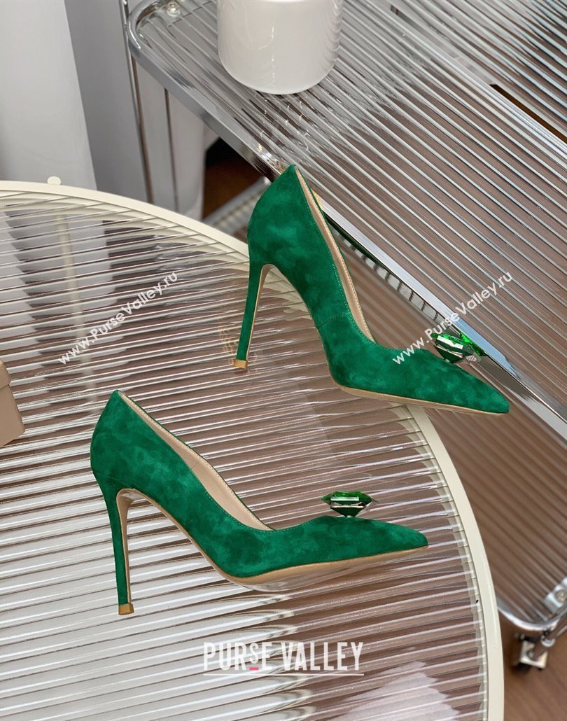 Gianvito Rossi Jaipur Pumps 10.5cm in Suede with Maxi Stone Glazed Green 2025 (MD-250428141)
