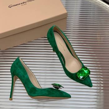 Gianvito Rossi Jaipur Pumps 10.5cm in Suede with Maxi Stone Glazed Green 2025 (MD-250428141)