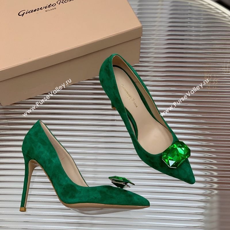 Gianvito Rossi Jaipur Pumps 10.5cm in Suede with Maxi Stone Glazed Green 2025 (MD-250428141)