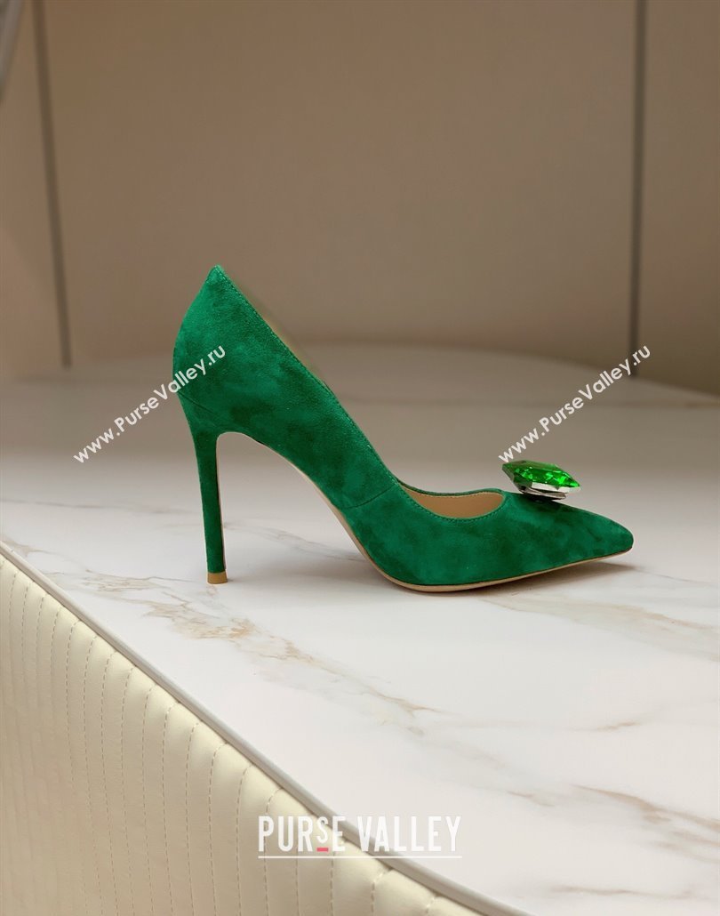 Gianvito Rossi Jaipur Pumps 10.5cm in Suede with Maxi Stone Glazed Green 2025 (MD-250428141)